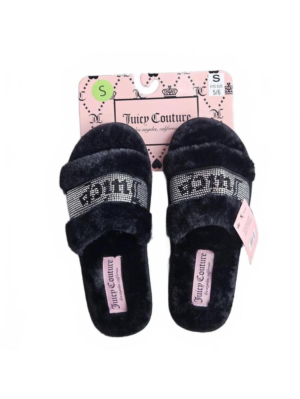 Juicy Couture JC Craven Rhinestone Faux Fur Slide Slippers Black S 5/6